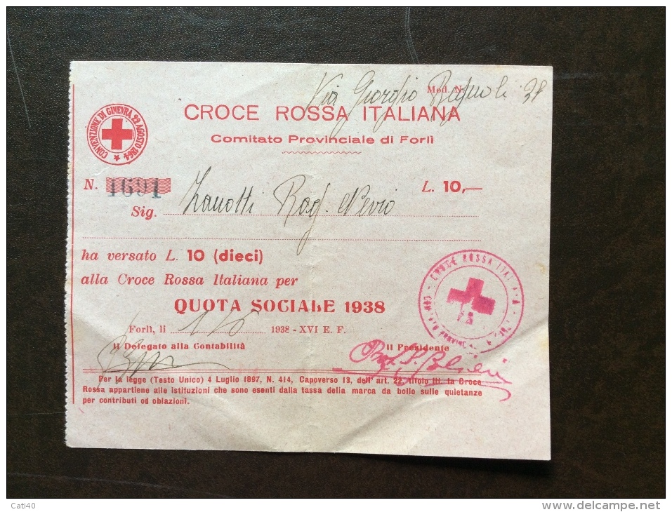 CRI - COMITATO PROVINCIALE DI FORLI' - RICEVUTA L. 10 QUOTA SOCIALE 1938 - Croce Rossa