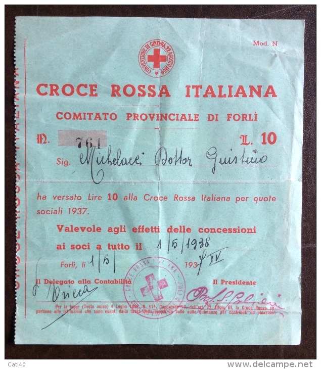 CRI -  COMITATO PROVINCIALE DI FORLI' - RICEVUTA QUOTE SOCIALI  ANNO 1938 - L.10 - Croce Rossa