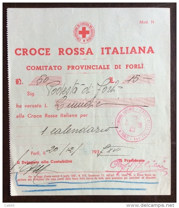 CRI -  COMITATO PROVINCIALE DI FORLI´ - RICEVUTA QUOTE SOCIALI  ANNO 1937 - L.15 - Croce Rossa