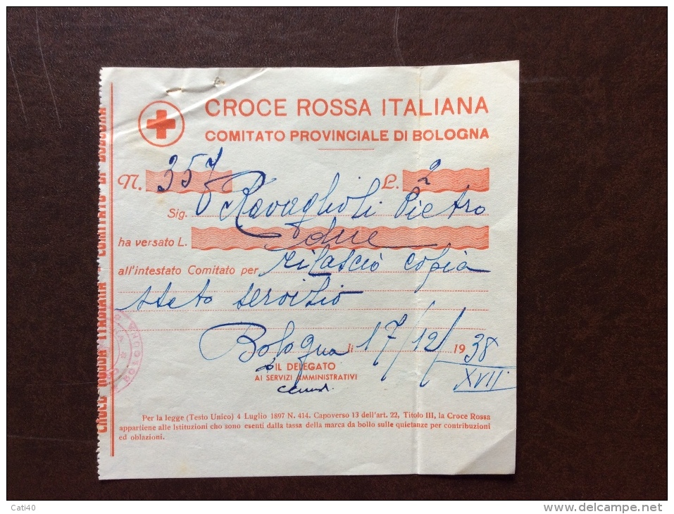 CRI -  COMITATO PROVINCIALE DI BOLOGNA ´ - RICEVUTA VERSAMENTO DI L. 2 - 1938 - XVII - Croce Rossa