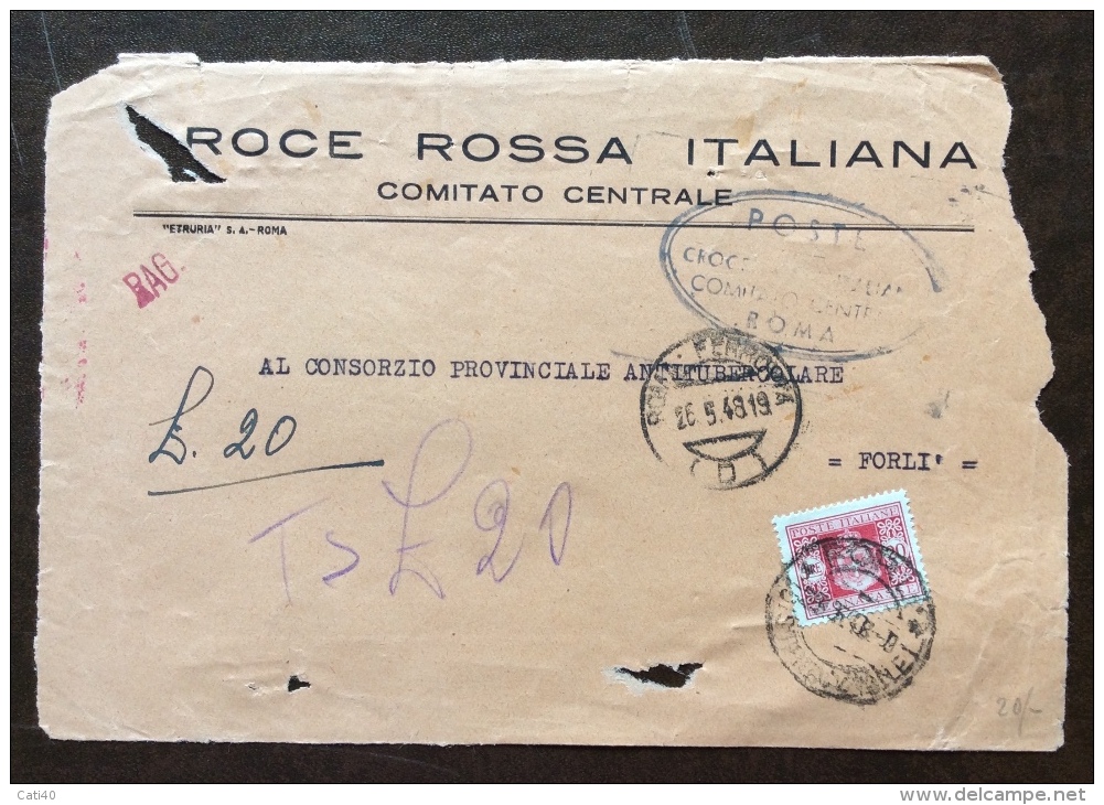 CRI -  COMITATO CENTRALE ROMA - FRONTE DI BUSTA TASSA A CARICO DESTINATARIO  L.20   - 1948 - Croce Rossa