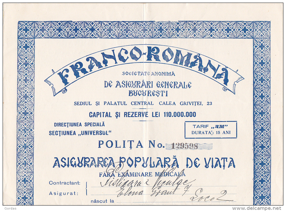 Romania - Bucuresti - Asigurare Populara De Viata - Ensurance Policy - Societatea Franco Romana De Asigurari Genrale - Romania