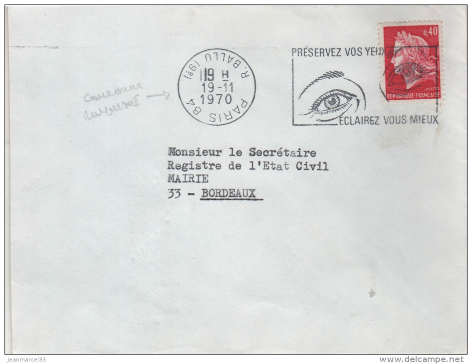 Lettre Flamme Curiosité Paris 84 19-11 1970 " Couronne Renversée Et Le 19 Des Heures Est Un Gros Chiffre Plastique" - Briefe U. Dokumente