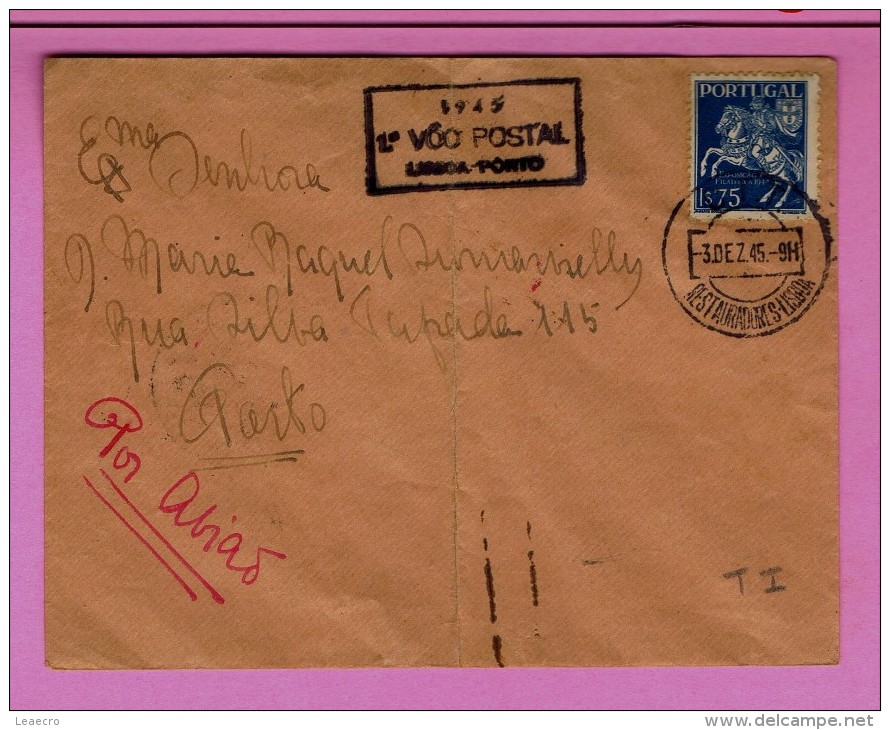 Cover 1º VÔO POSTAL LISBOA - PORTO PORTUGAL 1945 Airmail Courrier Mail Poste Aérienne Gc2374 - Lettres & Documents