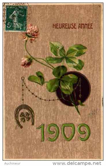 Année Date Millesime - 1909 - Fleurs, Trèfles Et Fer Doré Fond Grisé - Gaufrée, Gauffrée, Embossed - Nouvel An