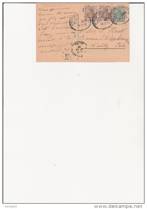 ENTIER POSTAL ALLEMAND - AVEC COMPLEMENT TIMBRES N° 67 X2 -OBLITERATION BUREAU AMBULANT STRASBOURG -BASEL 1912 - Brieven En Documenten