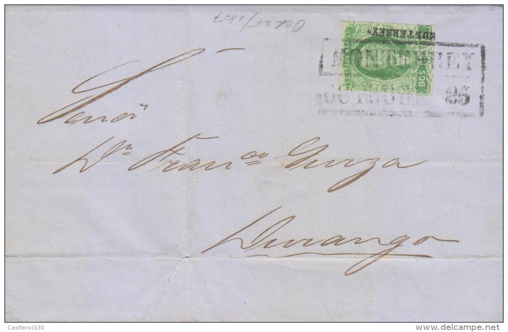 G)1857 MEXICO, DOS REALES MONTERREY DISTRICT, MONTERREY BLACK BOX, CIRCULATED COMPLETE LETTER TO DURANGO, XF - Mexico