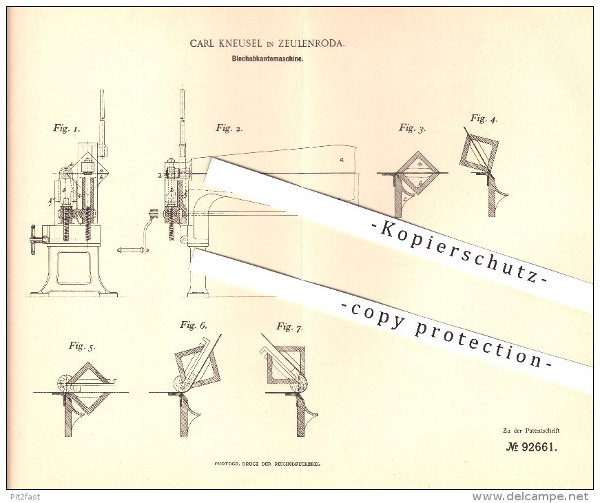 Original Patent - Carl Kneusel In Zeulenroda , 1895 , Blechabkantemaschine , Metall , Blech , Metallbearbeitung !!! - Documents Historiques