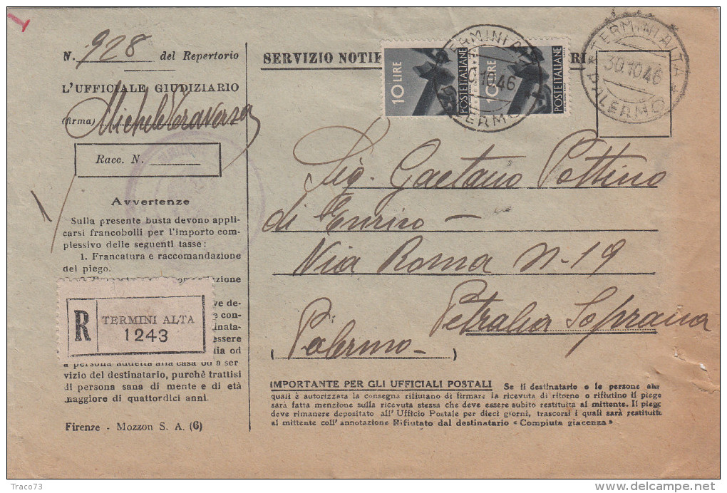 TERMINI IMERESE 30.10.1946  /  PETRALIA SOPRANA - Cover _ Lettera - ATTI GIUDIZIARI - Democratica Lire 10 X 2 - 1946-60: Storia Postale