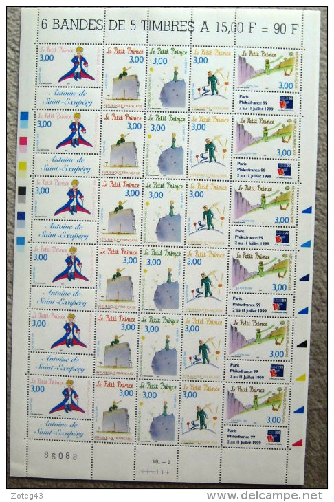 FRANCE FEUILLE ENTIERE 1998 LE PETIT PRINCE DE ST EXUPERY   6 BANDES DE 5 TIMBRES YT 3179A (3175 à 3179) Neuf ** - Full Sheets