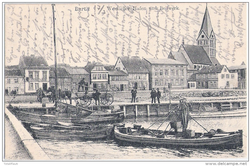 BARTH Westlicher Hafen Bollwerk Pferde Fuhrwerk Arbeiter Bahnpost 27.7.1904 VELGAST ZUG 290 - Barth