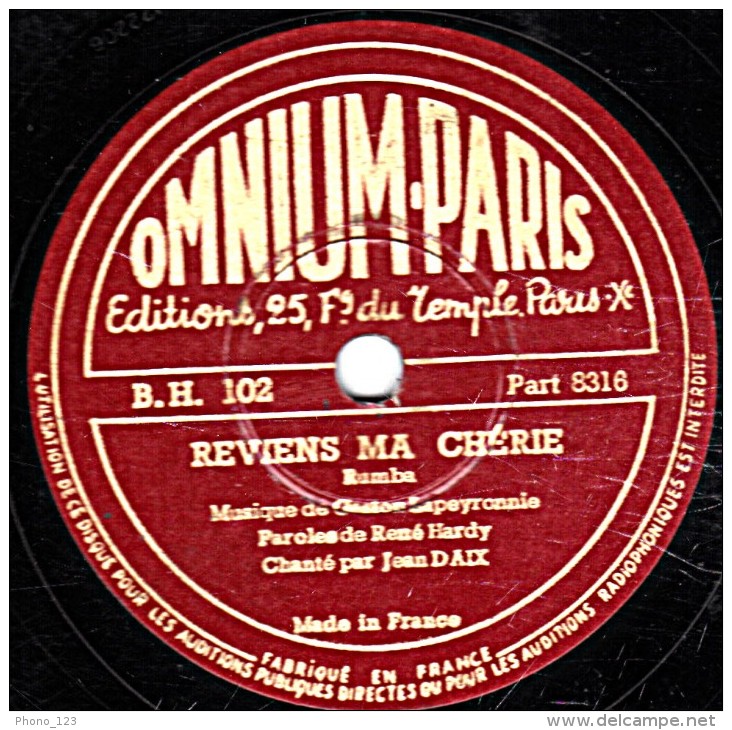 78 Trs - 27 Cm - état TB - Jean DAX - REVIENS MA CHERIE - NUIT D'AMOUR - 78 Rpm - Gramophone Records