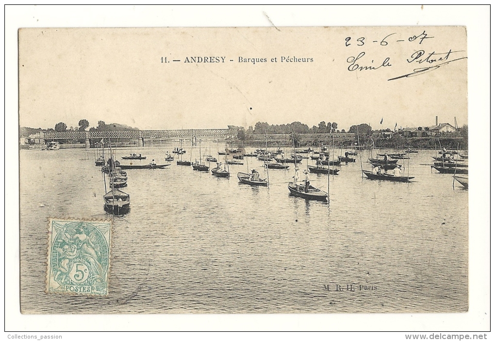 Cp, 78, Andresy, Barques Et Pêcheurs, Voyagée 1907 - Andresy