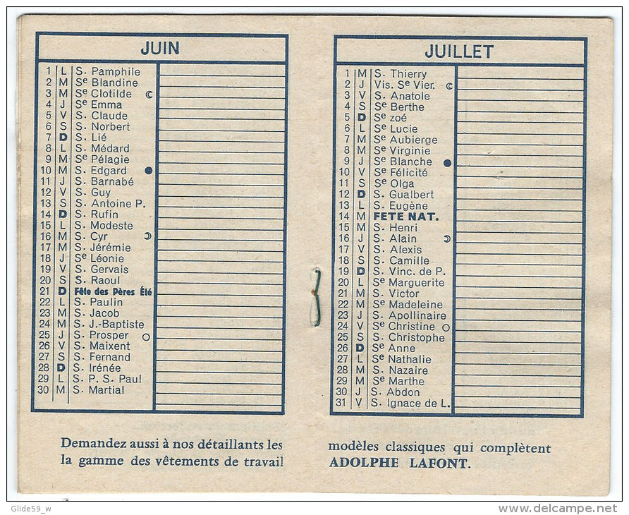 Carnet Calendrier De Poche - Vêtements De Travail Adolphe Lafont - 1964 - Petit Format : 1961-70