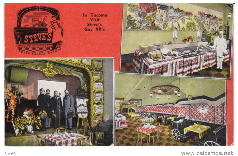Tacoma Washington, Steve's Gay '90s Restaurant Interior Views, C1950s Vintage Linen Postcard - Tacoma