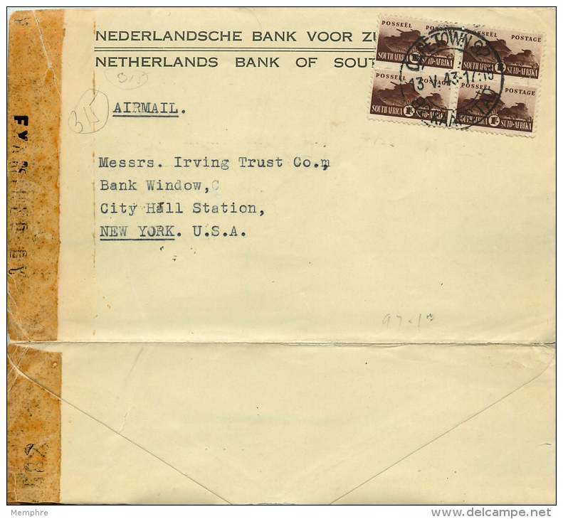 1943  Censored  Air Letter From S.A. To USA Block Of 2 Bilingual Pairs SG 104 Small Size 1/- Tank - Briefe U. Dokumente