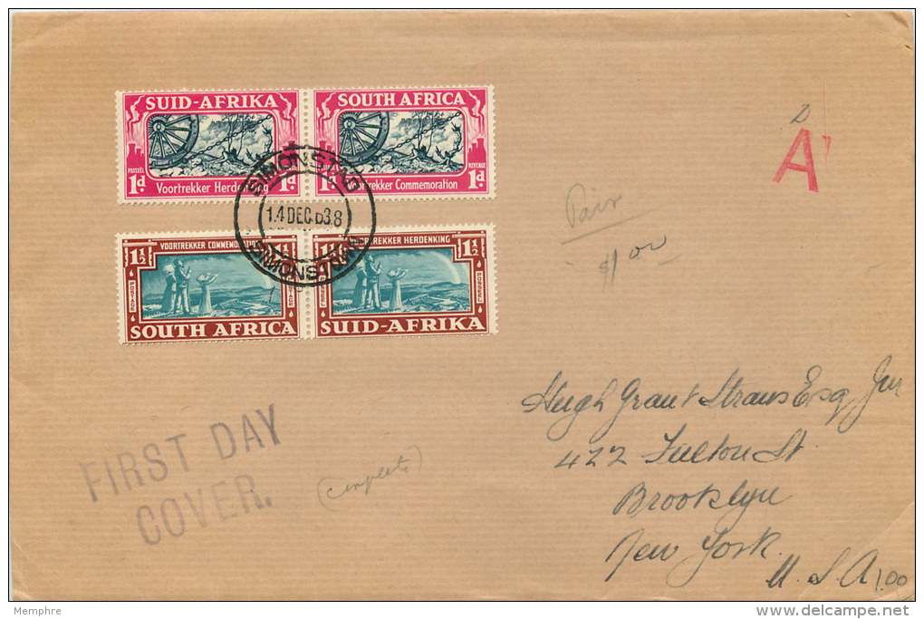 1938  Voortreckker Commemoration Bilingual Pairs On FDC To USA  SG 80, 81 - FDC