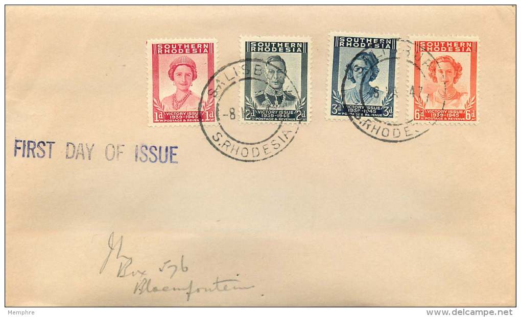 1947  Victory Set - Royal Family Portraits-  On FDC To South Africa  SG 64-67 - Southern Rhodesia (...-1964)