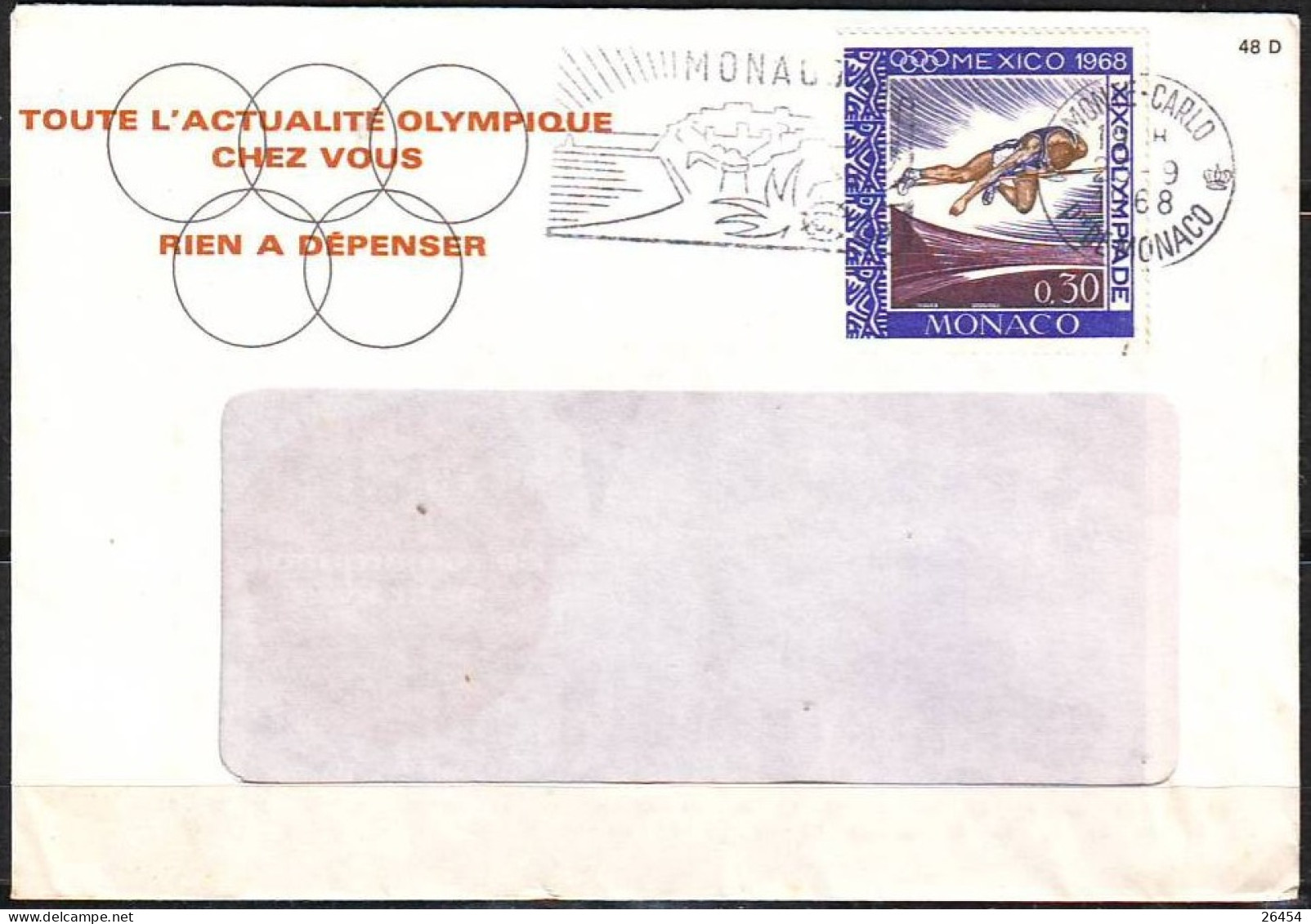 Lettre De  MONACO Le 23 9 1968  J.O.de  MEXICO 1968   Saut En Hauteur SEUL Sur LETTRE Avec PUBLICITE Au Verso - Covers & Documents