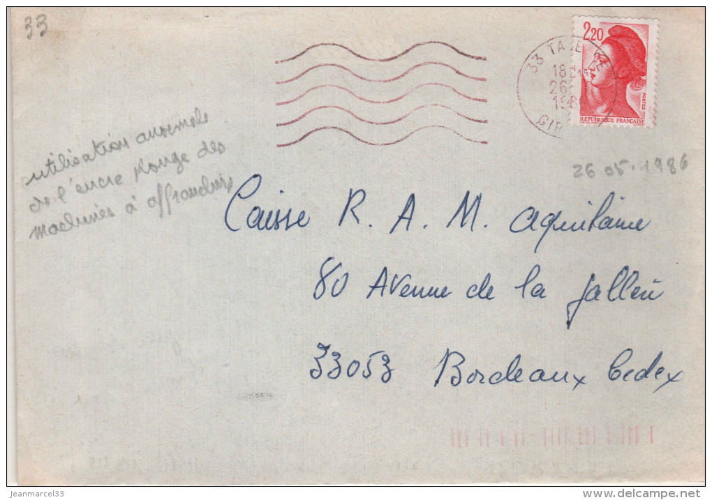 Lettre Flamme Curiosité 33 Talence 23-5 1986 " Empreinte Rouge Au Lieu De Noire " - Briefe U. Dokumente