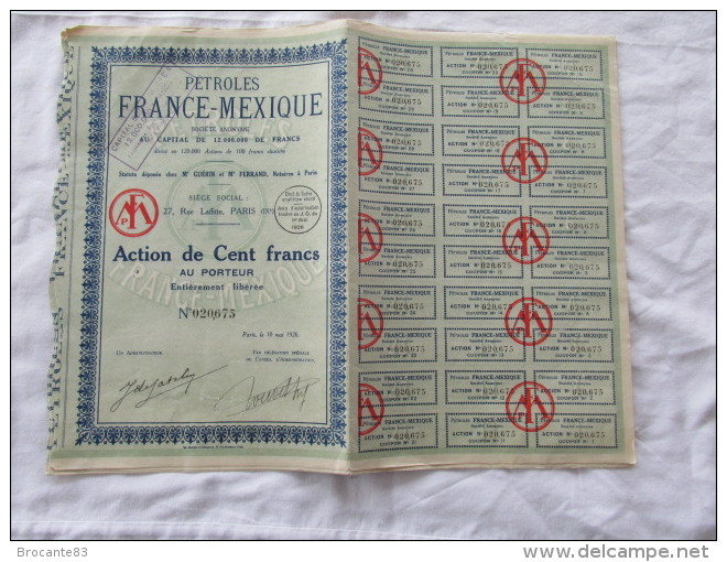 Petroles France Mexique Actions De Cent Francs Au Porteur - Aardolie