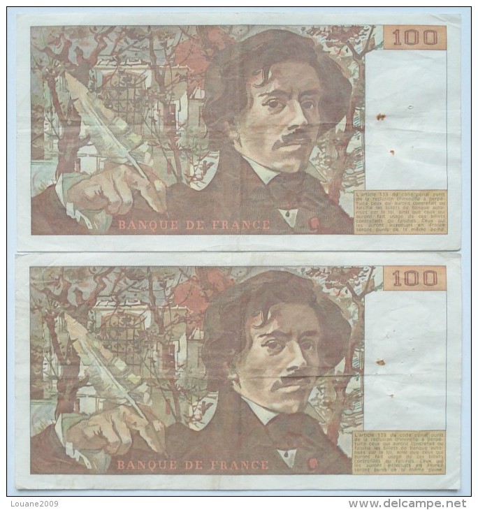 France Lot 2 Billets 100 Francs Delacroix 1981  W.46 Et K.45 - 100 F 1978-1995 ''Delacroix''