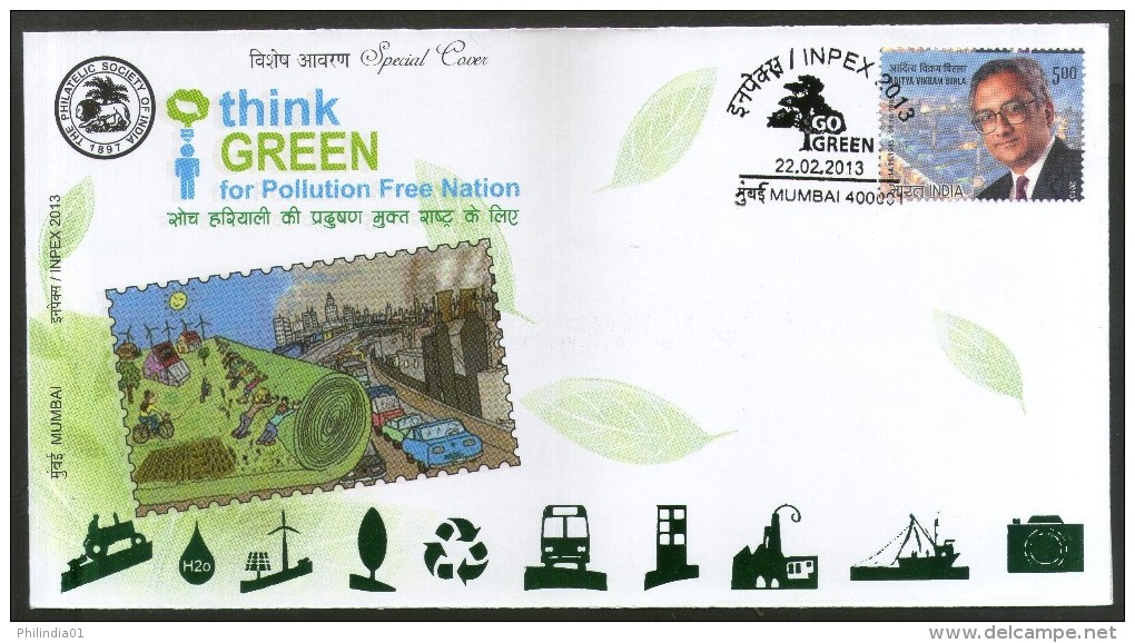 India 2013 Think Green For Pollution Free Nation Painting Special Cover # 7382 Inde Indien - Pollution