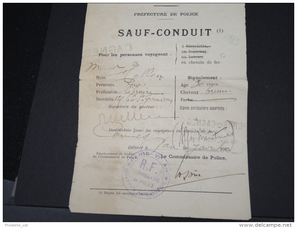 FRANCE- Sauf Conduit Du Gouvernement Militaire De Paris En 1915  Délivré A Pau Pour Cannes  à Voir     P6345 - Documents