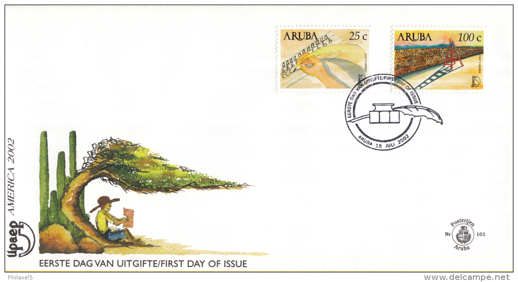 Aruba - FDCE101 - America-zegels 2002, Campagne Tegen Analfabetisme - Hand Die Alfabet Schrijft/Jongen - NVPH E101 - Curaçao, Antilles Neérlandaises, Aruba