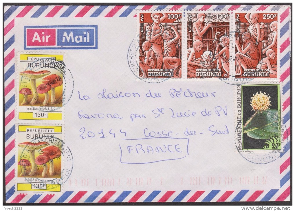 Burundi 2004 COB 1002 X 2, 1039/41 Se-tenant Et 1060 Sur Lettre Pour La Corse. Champignons, Noël, Fleur - Storia Postale