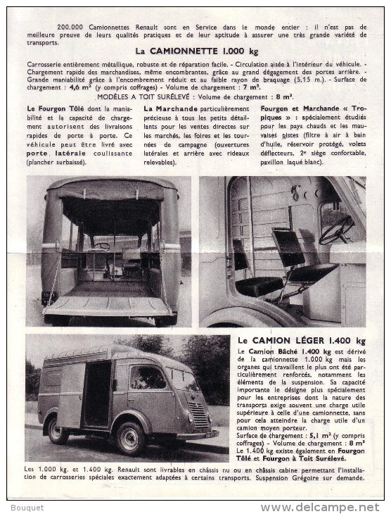 AUTOMOBILES  - PUBLICITE - DEPLIANT 2 VOLETS - UTILITAIRE , CAMIONNETTE , CAMION LEGER  - RENAULT 1000 KG , 1400 KG - Coches