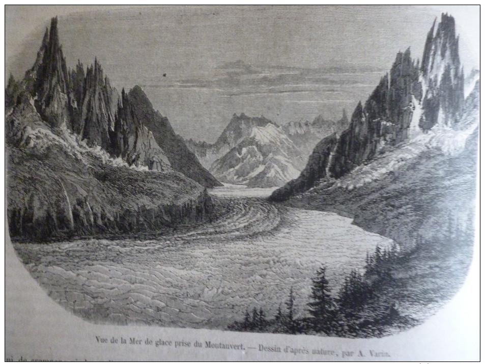 Voyage De Goethe En Suisse , Mer Glace Montauvert , Glacier Bosson , Gravure D'aprés Dessin Varin 1860 Texte / 4 Pages - Estampes & Gravures