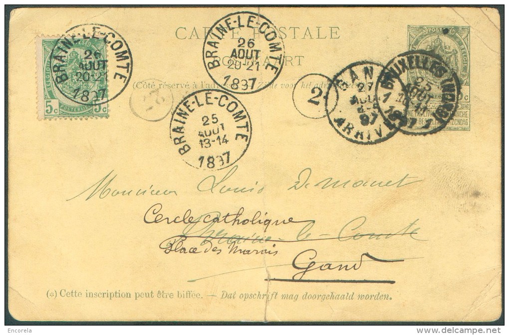 N°56 En Affranchissement De Réexépédition Sur Un E.P. Carte 5 Centimes Obl. Sc BRUXELLES (NORD) 1 Du 25 Août 1897 Vers B - 1893-1907 Coat Of Arms