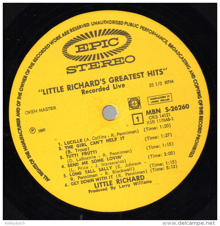 * LP *  LITTLE RICHARD'S GREATEST HITS - RECORDED LIVE ( Holland 1967 On EPIC) - Rock