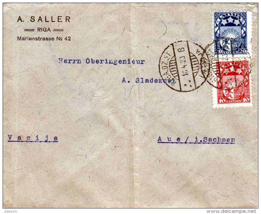 LETTLAND 1923 - 2 X Postage On Letters - 2 Fach Frankierung Auf Brief V.Riga N.Aue In Sachsen, Brief Gefaltet - Lettland