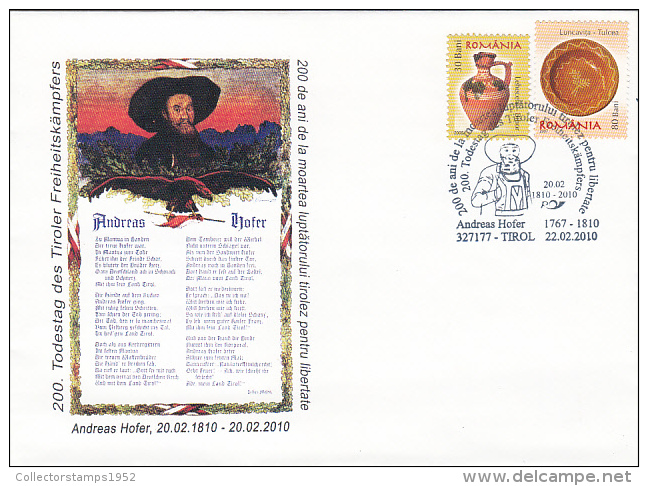 21780- ANDREAS HOFER, TYROLEAN REBELLION FIGHTER, SPECIAL COVER, 2010, ROMANIA - Storia Postale