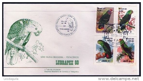 BRAZIL 1980, Birds: Parrots, FDC # 1B (2 Cancels: Commemorative And First Day) - FDC