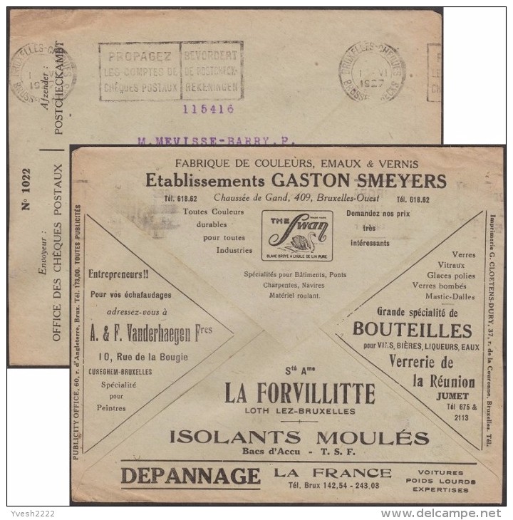 Belgique 1927. Enveloppe En Franchise Des Chèques Postaux. Pub : Cygne, Pont échafaudages Verre Bière Vin Radio Camions - Vetri & Vetrate