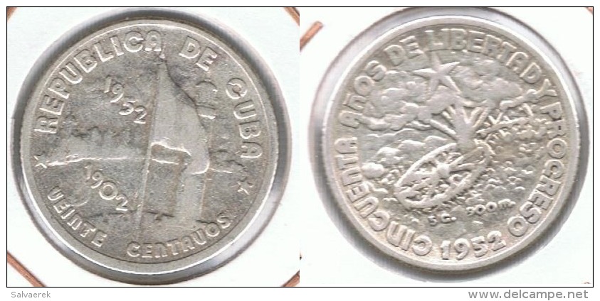 CUBA 20 CENTAVOS PESO 1952 PLATA SILVER - Cuba