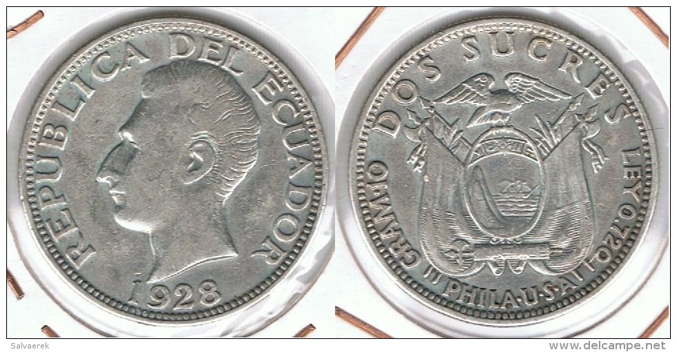 ECUADOR 2 SUCRES 1928 PHILADELFIA PLATA SILVER - Ecuador