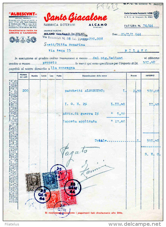 ALCAMO- (TRAPANI)-25-1-1944-DITTA SANTO GIACALONE-FABBRICA DETERSIVI - Fiscales