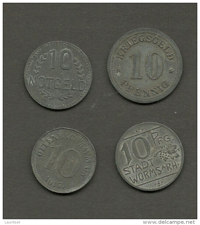 Notgeld Kriegsgeld OFFENBACH WORMS WIESBADEN WERDEN  4 X 10 Pfennig 1917-1918 - Sonstige & Ohne Zuordnung