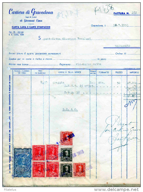 CARTIERA DI GRAVEDONA-COMO DI GIOVANNI CIMA-CARTA LANA E CARTE D´ IMPACCO-30-7-1953 - Revenue Stamps