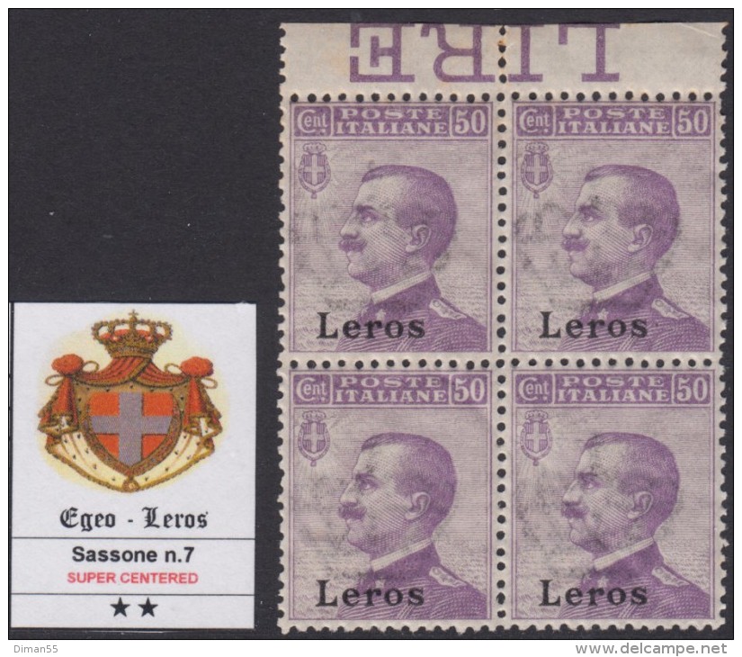 Egeo - Leros - N.7 - QUARTINA BORDO DI FOGLIO SUPER CENTRATA - Gomma Integra - MNH** - Egée (Lero)