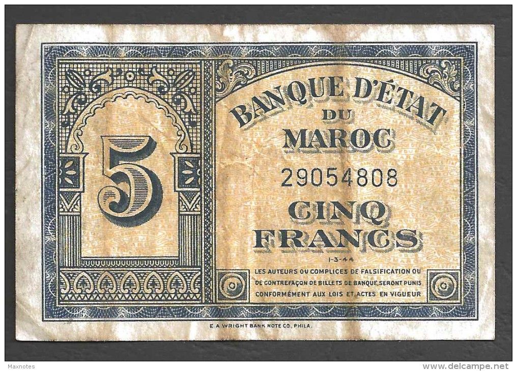 MAROC (MAROCCO) : 5 Francs - 1/3/44 - Marocco