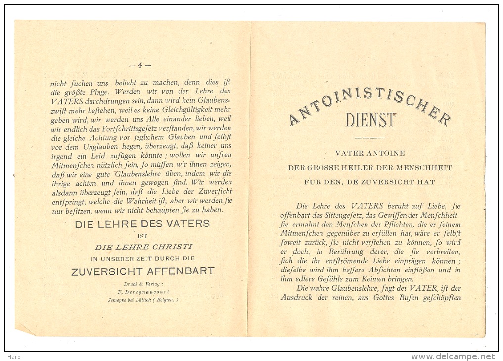 Culte ANTOINISTE - Petit Feuillet (2 Volets) En Allemand (b170) Antoinistischer Dienst - Vater Antoine- Secte - Zonder Classificatie