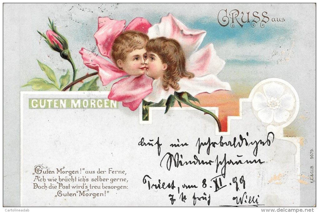 [DC4619] CARTOLINA - ILLUSTRATA - GRUSS AUS - GUTEN MORGEN - BUONGIORNO - Viaggiata 1899 - Old Postcard - Souvenir De...