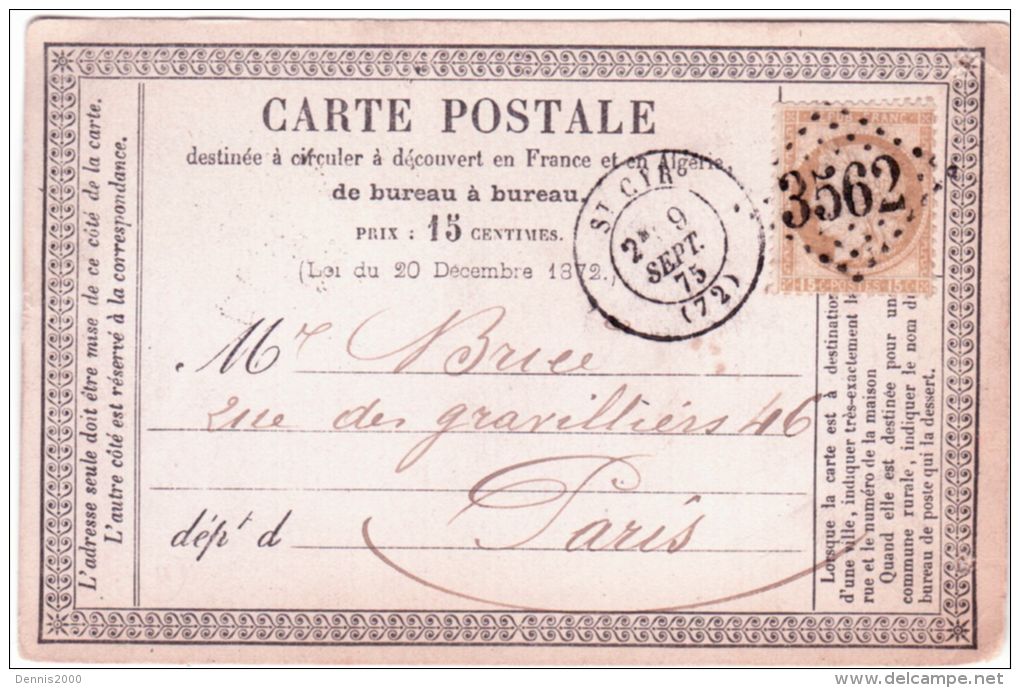 1875 - C P Précurseur De St CYR  ( Yv. ) Cad T17  Affr. N°55 Oblit. G C 3662 Pour Paris - 1849-1876: Periodo Classico