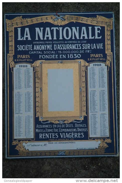 75 - PARIS - CARTON PUBLICITAIRE ASSURANCES SUR LA VIE - LA NATIONALE -2 RUE PILLET WILL- 1928 - Reclame