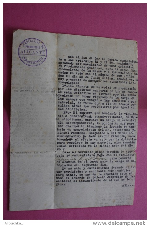 JULIO 1946 COOPERATIVA DE PRODUCTORES  ALICANTE CANTERO ESPANA ESPAGNE DOCUMENTO HISTÓRICO CERTIFICADO DE TRABAJO - Documentos Históricos